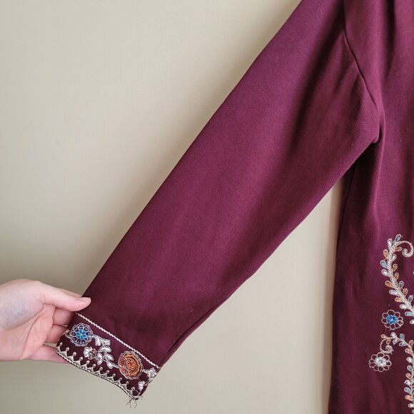 Soft Surroundings Womens Cardigan Sweater Size Large Maroon Embroidered Fleece - Picture 5 of 11